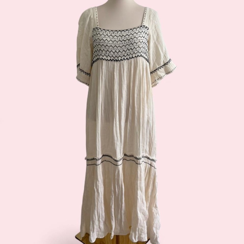 Free People Cream Maxi Dress Black Embroidery Tassel Trim Boho Size S